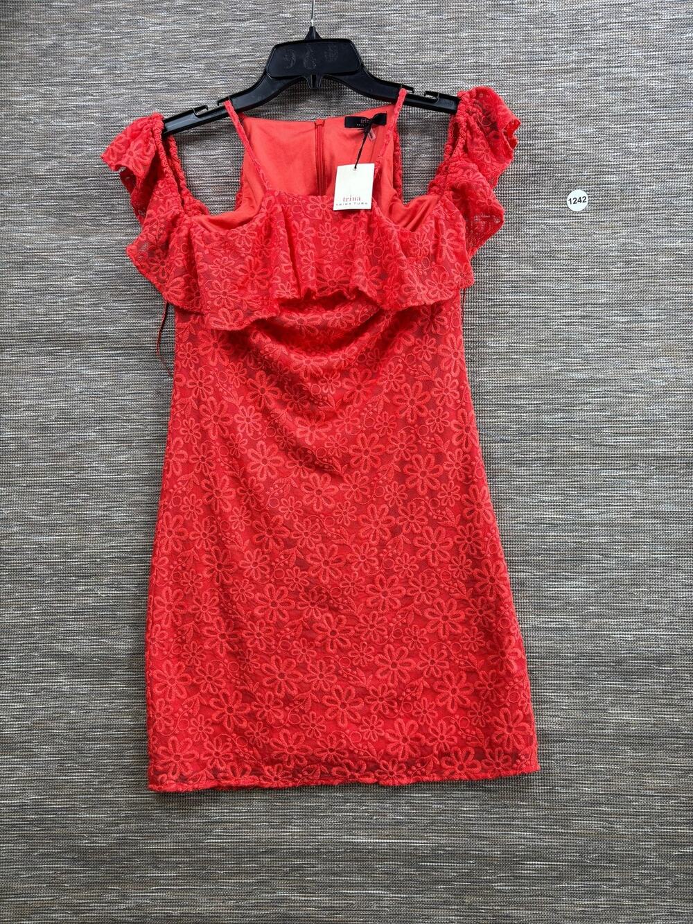 Trina Turk Dress Womens S Red Floral Lace Ruffle Cold Shoulder Shift Short Party
